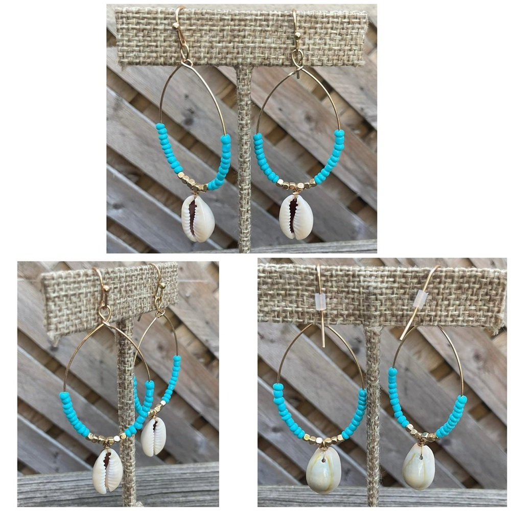 Puka Shell Charm Seed Beads Teardrop Earrings.